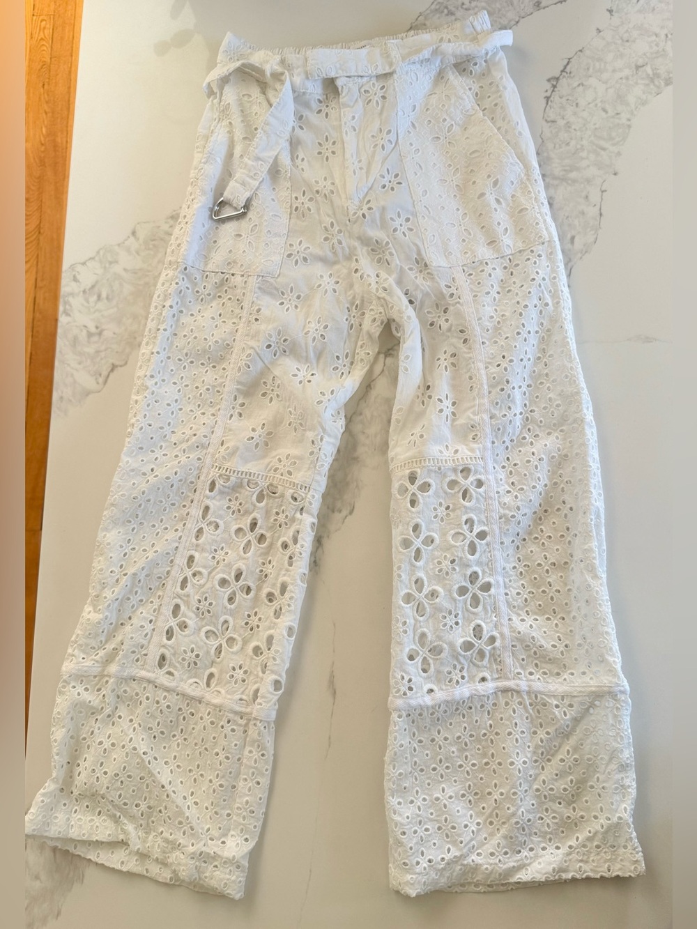 Zara White Eyelet Kids Pants with Belt size 13-14